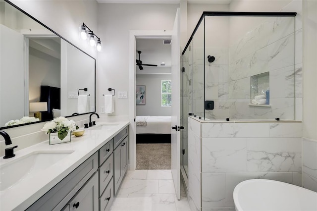 846 Elkhart St Unit B, Houston, TX 77091 - full bath featuring ensuite bath, marble finish floors, a ceiling fan, a marble finish shower, and a freestanding tub
