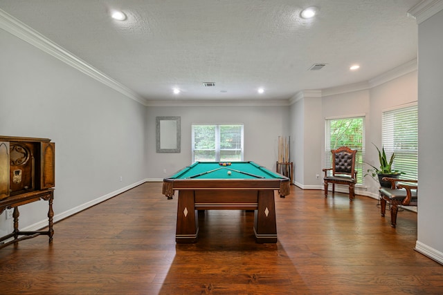10530 Clubhouse Cir, Magnolia, TX 77354 - game room featuring healthy amount of natural light, pool table, recessed lighting, dark wood-style floors, and crown molding