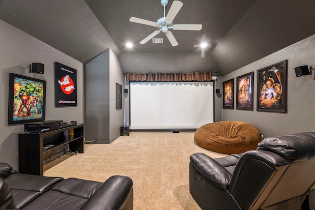 10530 Clubhouse Cir, Magnolia, TX 77354 - home theater featuring vaulted ceiling, carpet floors, a ceiling fan, and electric panel