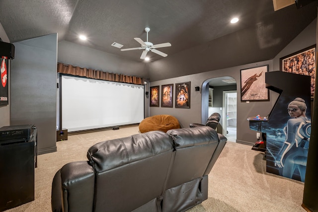 10530 Clubhouse Cir, Magnolia, TX 77354 - cinema featuring lofted ceiling, carpet floors, a ceiling fan, arched walkways, and recessed lighting