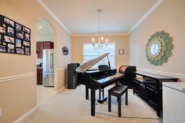 19914 Pemetic Trl, Richmond, TX 77407 - sitting room featuring ornamental molding, a chandelier, light carpet, arched walkways, and light tile patterned floors