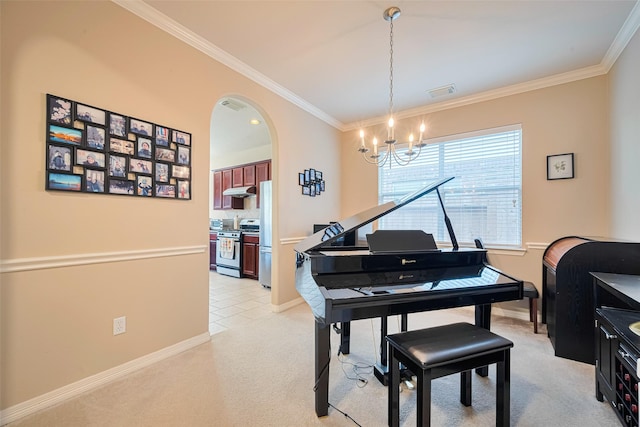 19914 Pemetic Trl, Richmond, TX 77407 - living area with a chandelier, crown molding, light colored carpet, and arched walkways