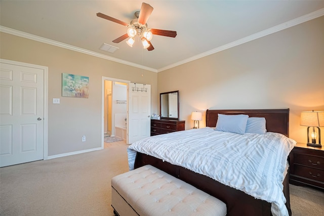 19914 Pemetic Trl, Richmond, TX 77407 - bedroom with ornamental molding, carpet flooring, ceiling fan, and connected bathroom