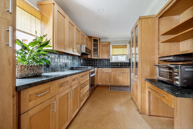 1656 Norfolk St, Houston, TX 77006 - kitchen featuring ornamental molding, stainless steel appliances, backsplash, glass insert cabinets, and dark stone counters
