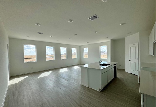 16042 Tallis Dr, Conroe, TX 77303 - kitchen with wood finished floors, a kitchen island with sink, open floor plan, light countertops, and white cabinets