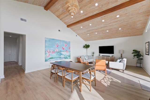 3430 Indian Beach Dr, Galveston, TX 77554 - dining space featuring high vaulted ceiling, recessed lighting, light wood finished floors, a chandelier, and a wood ceiling with exposed beams