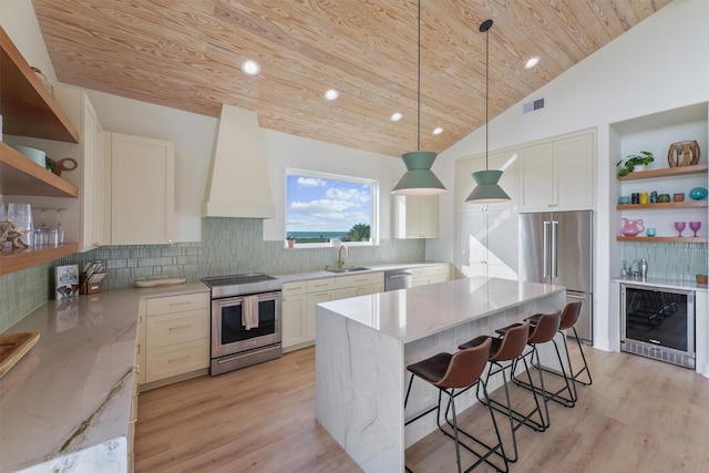 3430 Indian Beach Dr, Galveston, TX 77554 - kitchen featuring open shelves, appliances with stainless steel finishes, wine cooler, wood ceiling, and a breakfast bar