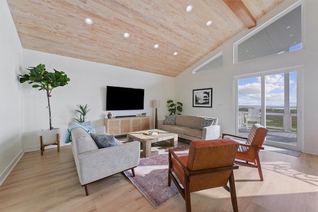 3430 Indian Beach Dr, Galveston, TX 77554 - living room with high vaulted ceiling, light wood finished floors, wood ceiling, and recessed lighting