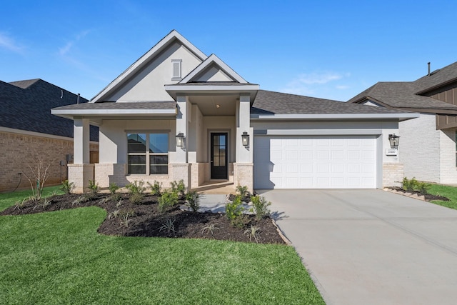 21410 Flora Springs Ln, Magnolia, TX 77355 - view of front facade featuring an attached garage, brick siding, concrete driveway, a front lawn, and stucco siding