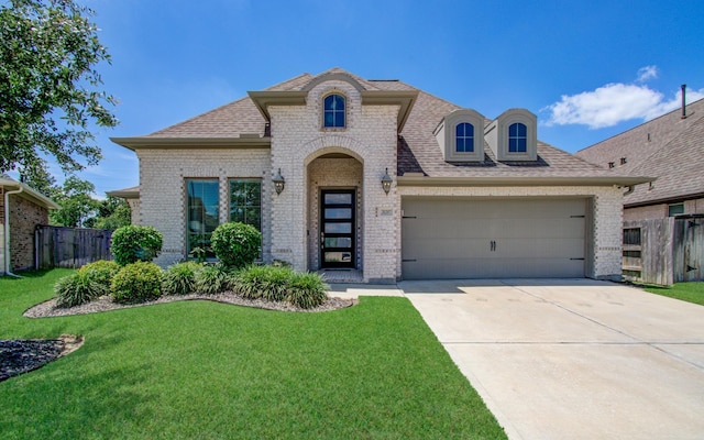 20207 Noble Arabian Dr, Tomball, TX 77377 - french country style house featuring brick siding, an attached garage, roof with shingles, and driveway