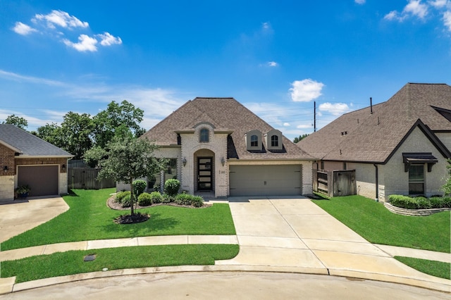20207 Noble Arabian Dr, Tomball, TX 77377 - french country style house featuring brick siding, concrete driveway, roof with shingles, and a garage
