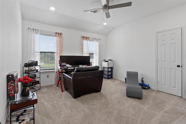 13206 Blass Ct, Houston, TX 77044 - carpeted living room with ceiling fan, plenty of natural light, lofted ceiling, an office area, and recessed lighting