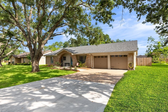 2605 Perry Ln, Alvin, TX 77511 - ranch-style house with a shingled roof, an attached garage, driveway, and brick siding