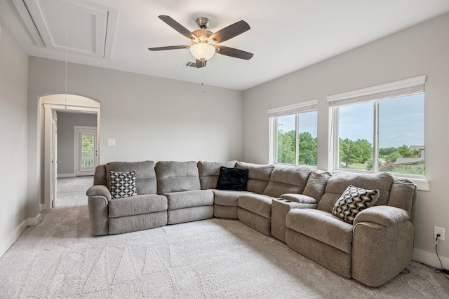 16726 Echo Heights Dr, Cypress, TX 77433 - carpeted living area with attic access and ceiling fan