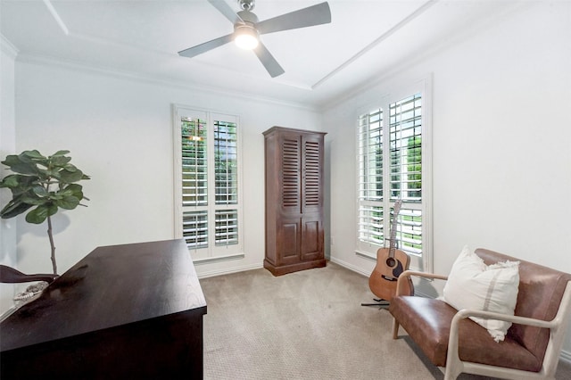 23706 Tristan Bay Ct, Spring, TX 77386 - sitting room featuring plenty of natural light, carpet flooring, a ceiling fan, and crown molding
