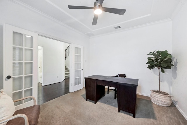 23706 Tristan Bay Ct, Spring, TX 77386 - office space with french doors, carpet flooring, ornamental molding, and a ceiling fan