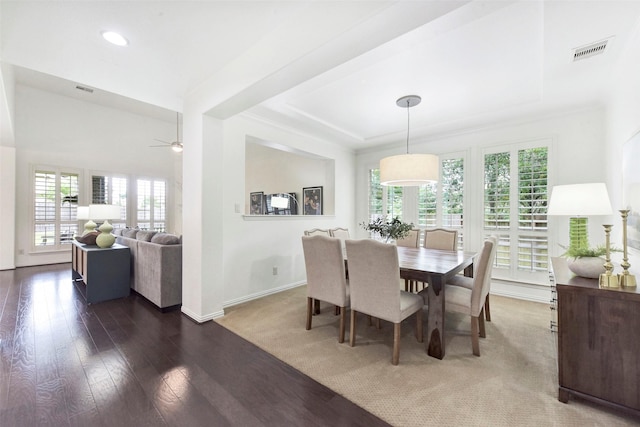 23706 Tristan Bay Ct, Spring, TX 77386 - dining space with a tray ceiling, hardwood / wood-style flooring, a ceiling fan, and recessed lighting