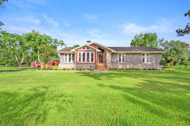 3211 County Road 237, Alvin, TX 77511 - ranch-style house with brick siding, a front yard, and a chimney