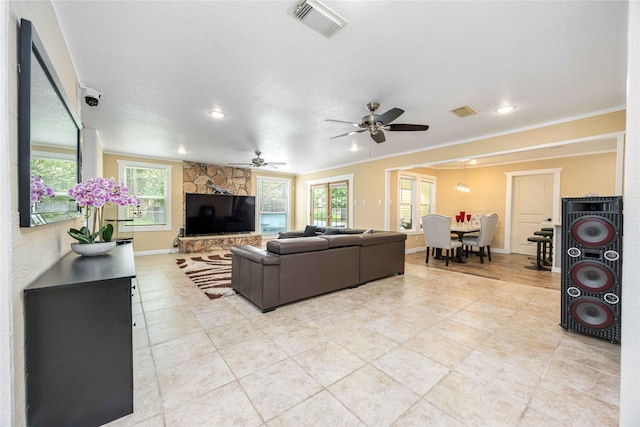 478 Brandon Rd, Conroe, TX 77302 - living area with a ceiling fan, light tile patterned floors, healthy amount of natural light, recessed lighting, and crown molding