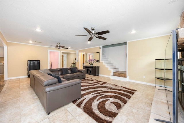 478 Brandon Rd, Conroe, TX 77302 - living room with recessed lighting, ceiling fan, stairway, tile patterned flooring, and ornamental molding