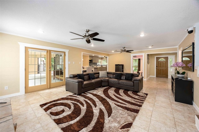 478 Brandon Rd, Conroe, TX 77302 - living room with light tile patterned flooring, ceiling fan, recessed lighting, and crown molding