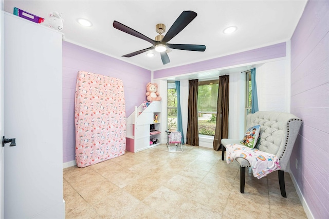 478 Brandon Rd, Conroe, TX 77302 - living area with ceiling fan, wooden walls, and recessed lighting
