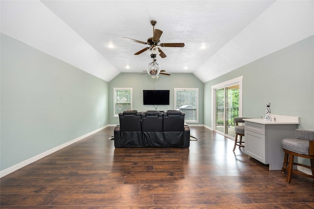 478 Brandon Rd, Conroe, TX 77302 - living room featuring lofted ceiling, ceiling fan, and dark wood-style floors