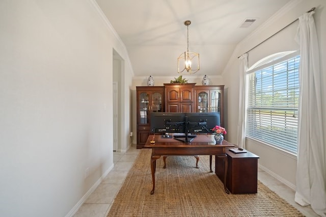 14510 Kasey Flowers Ct, Humble, TX 77396 - home office featuring a chandelier, light tile patterned flooring, lofted ceiling, and crown molding