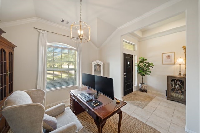 14510 Kasey Flowers Ct, Humble, TX 77396 - living area featuring a chandelier, light tile patterned floors, vaulted ceiling, an office area, and crown molding