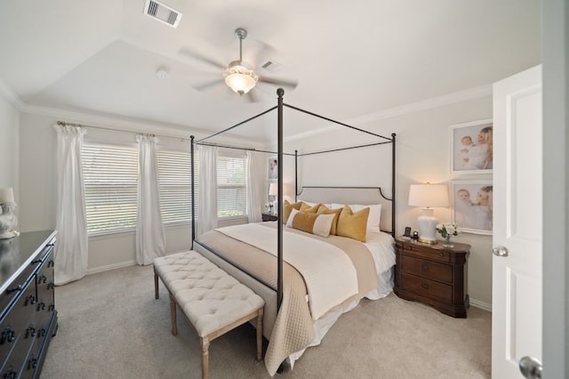 14510 Kasey Flowers Ct, Humble, TX 77396 - bedroom featuring light carpet, ornamental molding, and a ceiling fan