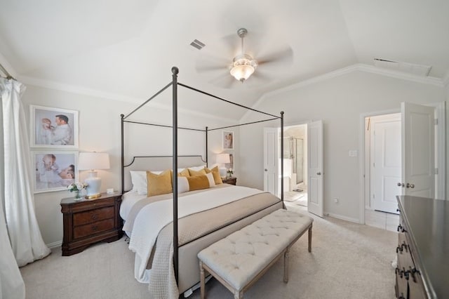 14510 Kasey Flowers Ct, Humble, TX 77396 - bedroom with vaulted ceiling, light carpet, ornamental molding, connected bathroom, and ceiling fan