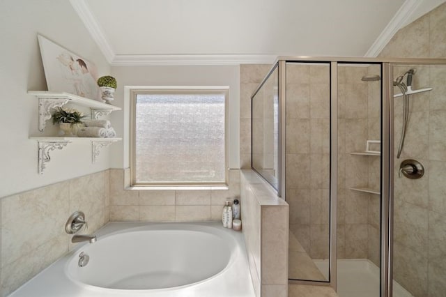 14510 Kasey Flowers Ct, Humble, TX 77396 - bathroom featuring a bath, a stall shower, and crown molding