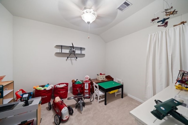 14510 Kasey Flowers Ct, Humble, TX 77396 - rec room with carpet, ceiling fan, and lofted ceiling