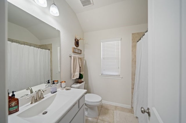 14510 Kasey Flowers Ct, Humble, TX 77396 - full bath featuring vaulted ceiling, vanity, tile patterned flooring, and a shower with shower curtain