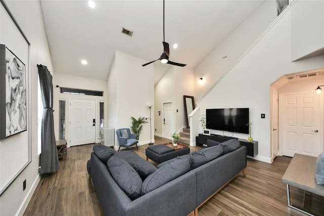 2014 Fisher Trace Ct, Spring, TX 77373 - living area featuring high vaulted ceiling, a ceiling fan, stairway, dark wood-type flooring, and recessed lighting
