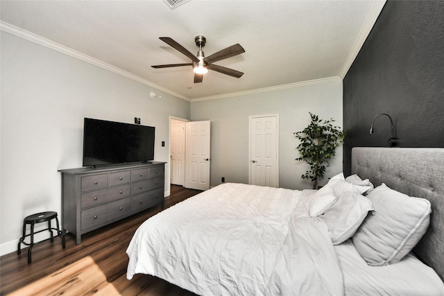 2014 Fisher Trace Ct, Spring, TX 77373 - bedroom with ornamental molding, dark wood-style floors, and a ceiling fan