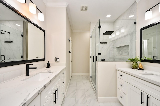 2014 Fisher Trace Ct, Spring, TX 77373 - bathroom featuring marble finish flooring, crown molding, vanity, a marble finish shower, and recessed lighting