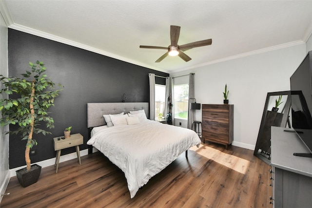 2014 Fisher Trace Ct, Spring, TX 77373 - bedroom featuring dark wood-style flooring, ornamental molding, and a ceiling fan