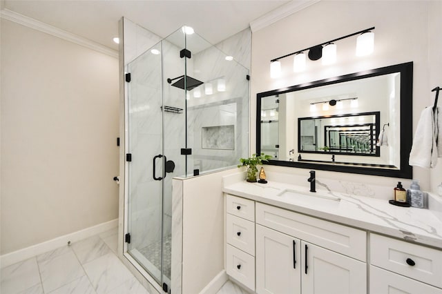 2014 Fisher Trace Ct, Spring, TX 77373 - full bath with ornamental molding, vanity, marble look tiles, and a marble finish shower