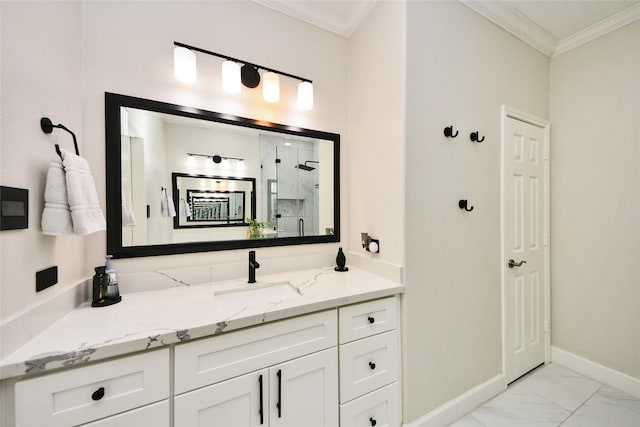 2014 Fisher Trace Ct, Spring, TX 77373 - bathroom featuring a marble finish shower, vanity, marble look tile flooring, and ornamental molding