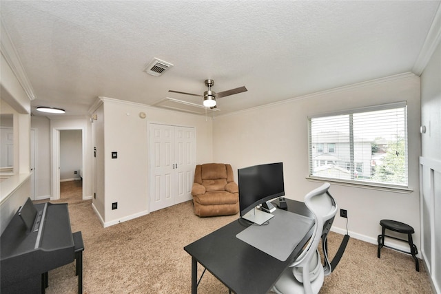 2014 Fisher Trace Ct, Spring, TX 77373 - office space featuring ornamental molding, attic access, light carpet, a textured ceiling, and a ceiling fan