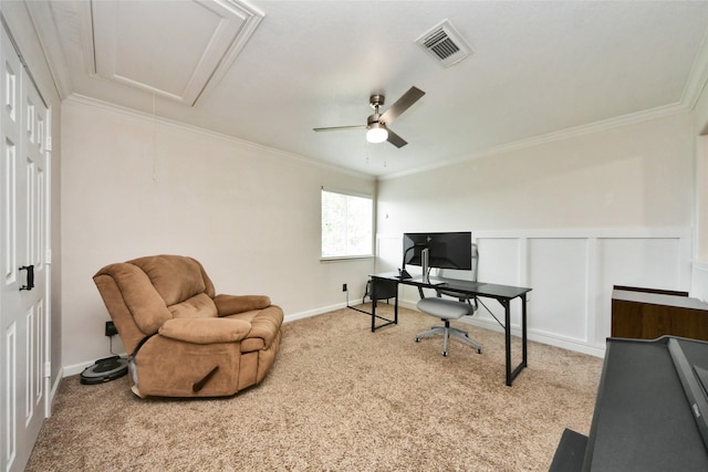 2014 Fisher Trace Ct, Spring, TX 77373 - office with attic access, crown molding, carpet floors, and a ceiling fan