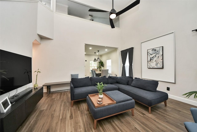2014 Fisher Trace Ct, Spring, TX 77373 - living room with wood finished floors, ceiling fan, and a towering ceiling