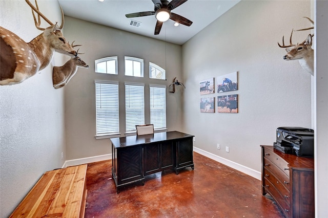 3403 Westhaven Ct, Fulshear, TX 77441 - office area featuring finished concrete floors and a ceiling fan