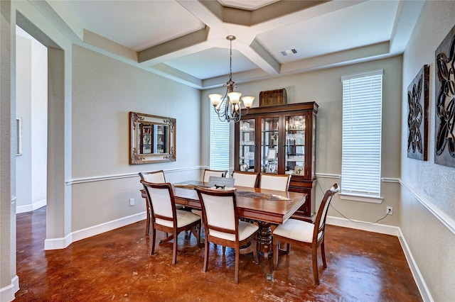 3403 Westhaven Ct, Fulshear, TX 77441 - dining space with finished concrete floors, coffered ceiling, a chandelier, plenty of natural light, and beam ceiling