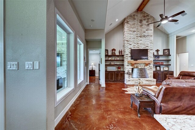 3403 Westhaven Ct, Fulshear, TX 77441 - living room featuring finished concrete flooring, beamed ceiling, high vaulted ceiling, a fireplace, and ceiling fan