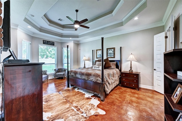 3403 Westhaven Ct, Fulshear, TX 77441 - bedroom featuring crown molding, a raised ceiling, ceiling fan, and recessed lighting
