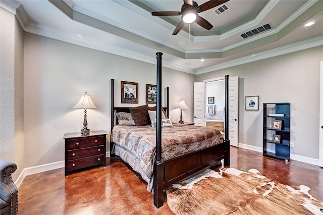 3403 Westhaven Ct, Fulshear, TX 77441 - bedroom with finished concrete flooring, a raised ceiling, crown molding, recessed lighting, and ensuite bath