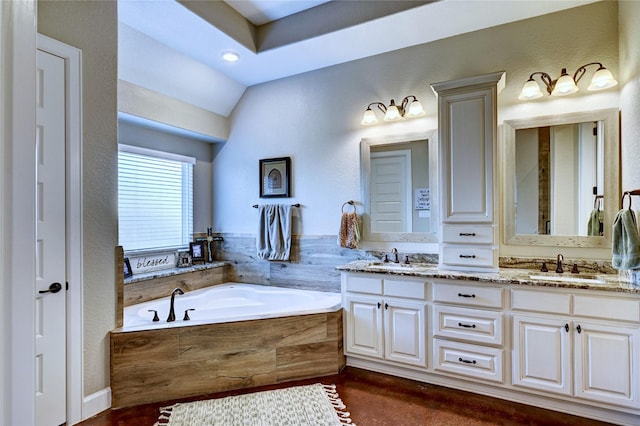 3403 Westhaven Ct, Fulshear, TX 77441 - bathroom with double vanity, a garden tub, and vaulted ceiling