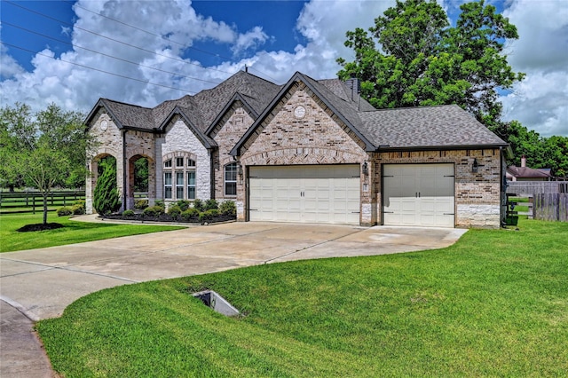 3403 Westhaven Ct, Fulshear, TX 77441 - french country home featuring concrete driveway, a garage, brick siding, and roof with shingles